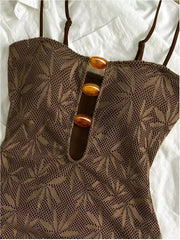 Leaf Mesh Textured One Piece Suits Swimsuit Front Amber Bead Cutout Spaghetti Strap High Cut Swimsuits Swim Bodysuit