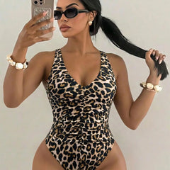 Leopard Print One Piece Suits Swimsuit Deep V Neck Front Ruched Drawstring Spaghetti Strap High Cut Cheeky Beach Swimwear
