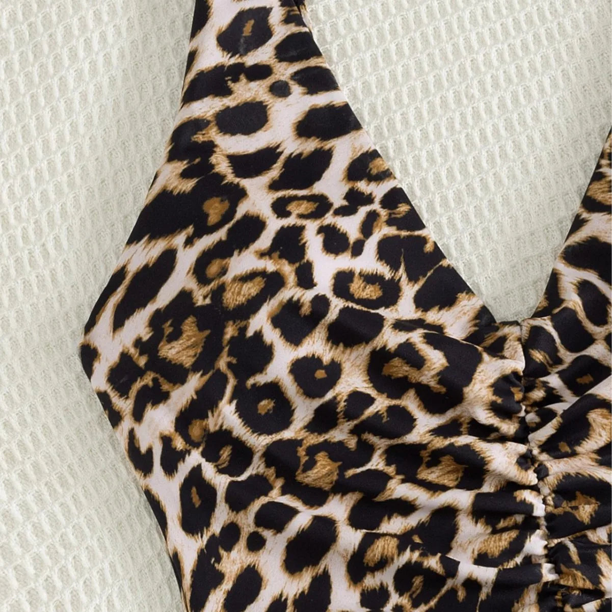 Leopard Print One Piece Suits Swimsuit Deep V Neck Front Ruched Drawstring Spaghetti Strap High Cut Cheeky Beach Swimwear