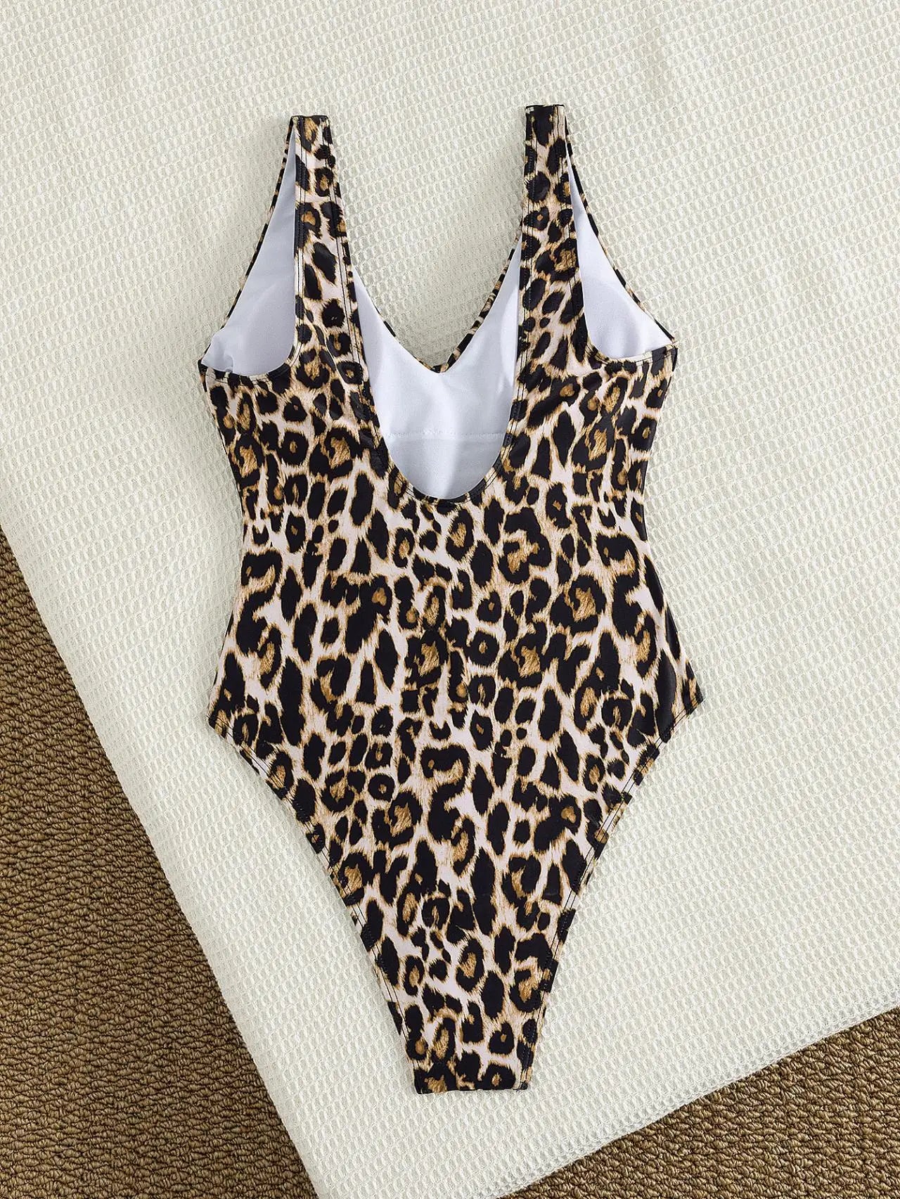 Leopard Print One Piece Suits Swimsuit Deep V Neck Front Ruched Drawstring Spaghetti Strap High Cut Cheeky Beach Swimwear