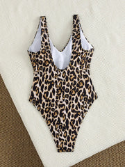 Leopard Print One Piece Suits Swimsuit Deep V Neck Front Ruched Drawstring Spaghetti Strap High Cut Cheeky Beach Swimwear