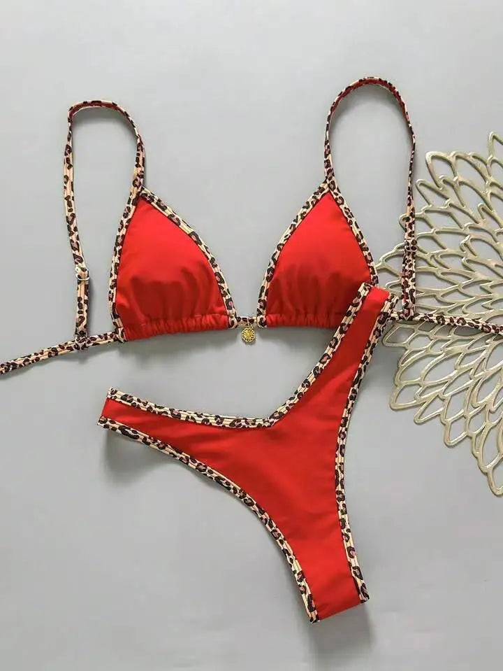 Leopard Trim 2 Piece Bikini Set