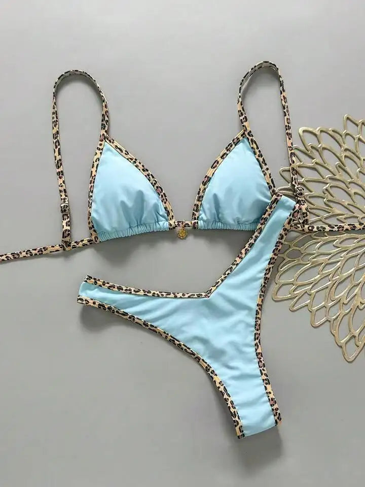 Leopard Trim 2 Piece Bikini Set