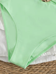 Mint Green One Piece Swimsuit Halter Tie Double Hammered Oval Gold Ring Cutout High Cut Cheeky Bikinis Beach Swimwear