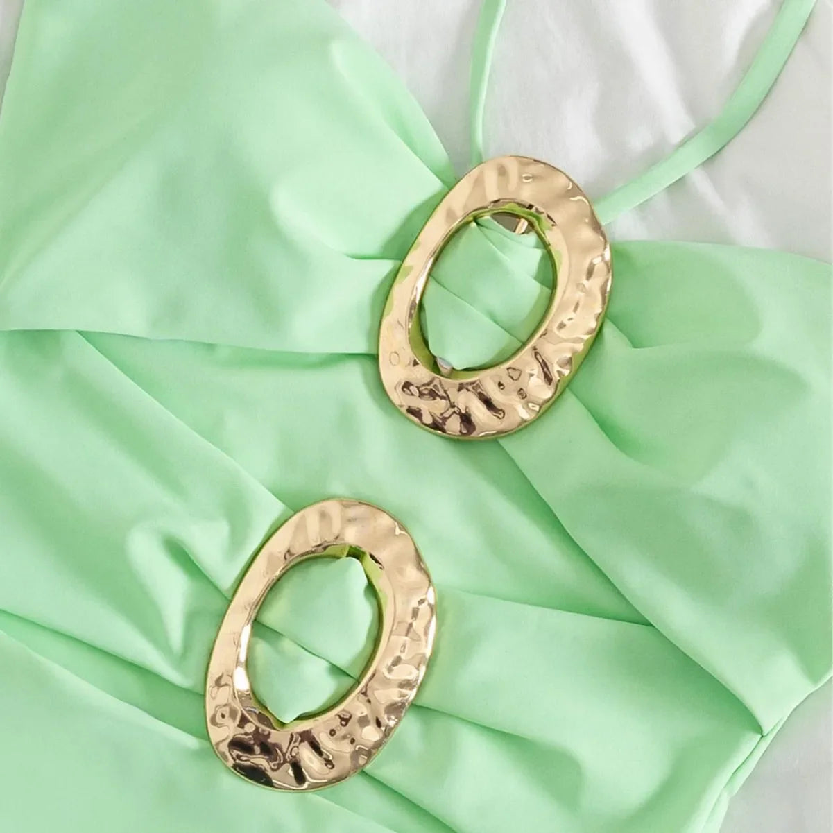 Mint Green One Piece Swimsuit Halter Tie Double Hammered Oval Gold Ring Cutout High Cut Cheeky Bikinis Beach Swimwear