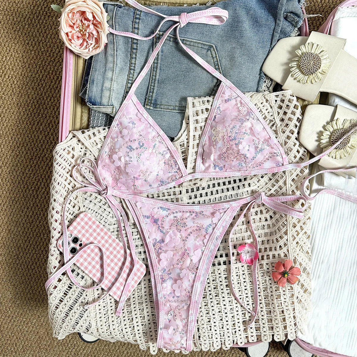 Mint Mesh Sequin Floral Embroidery 2 Piece Bikini Set