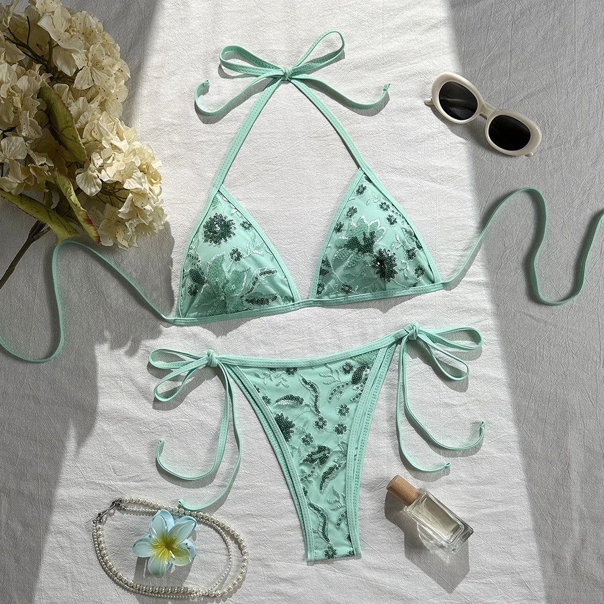 Mint Mesh Sequin Floral Embroidery 2 Piece Bikini Set