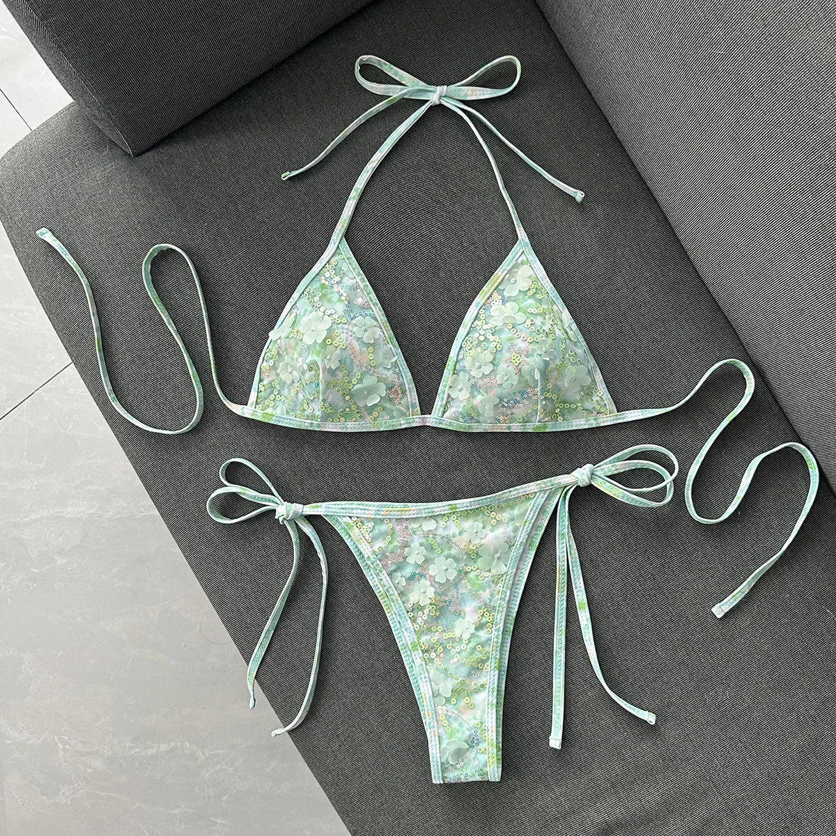 Mint Mesh Sequin Floral Embroidery 2 Piece Bikini Set