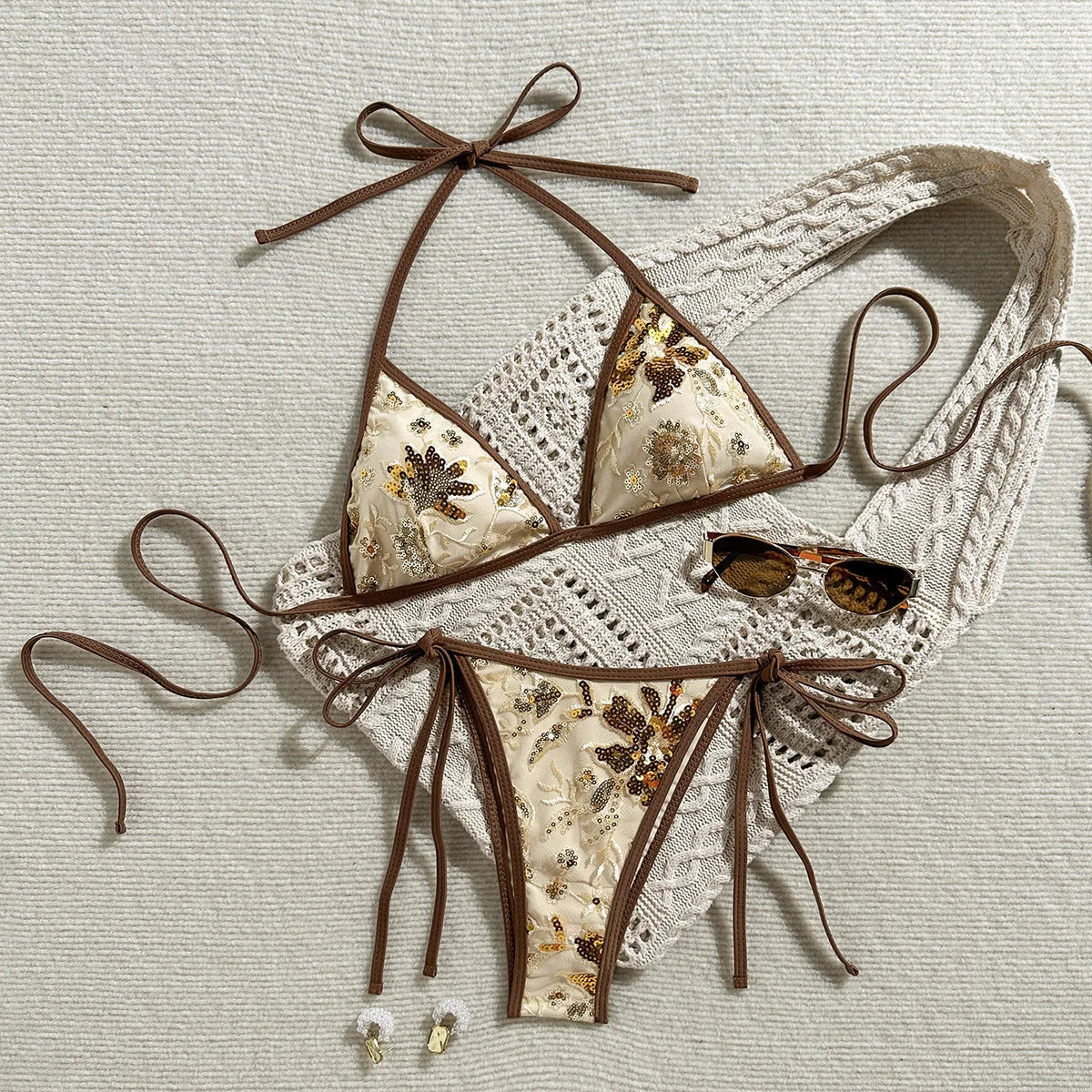 Mint Mesh Sequin Floral Embroidery 2 Piece Bikini Set