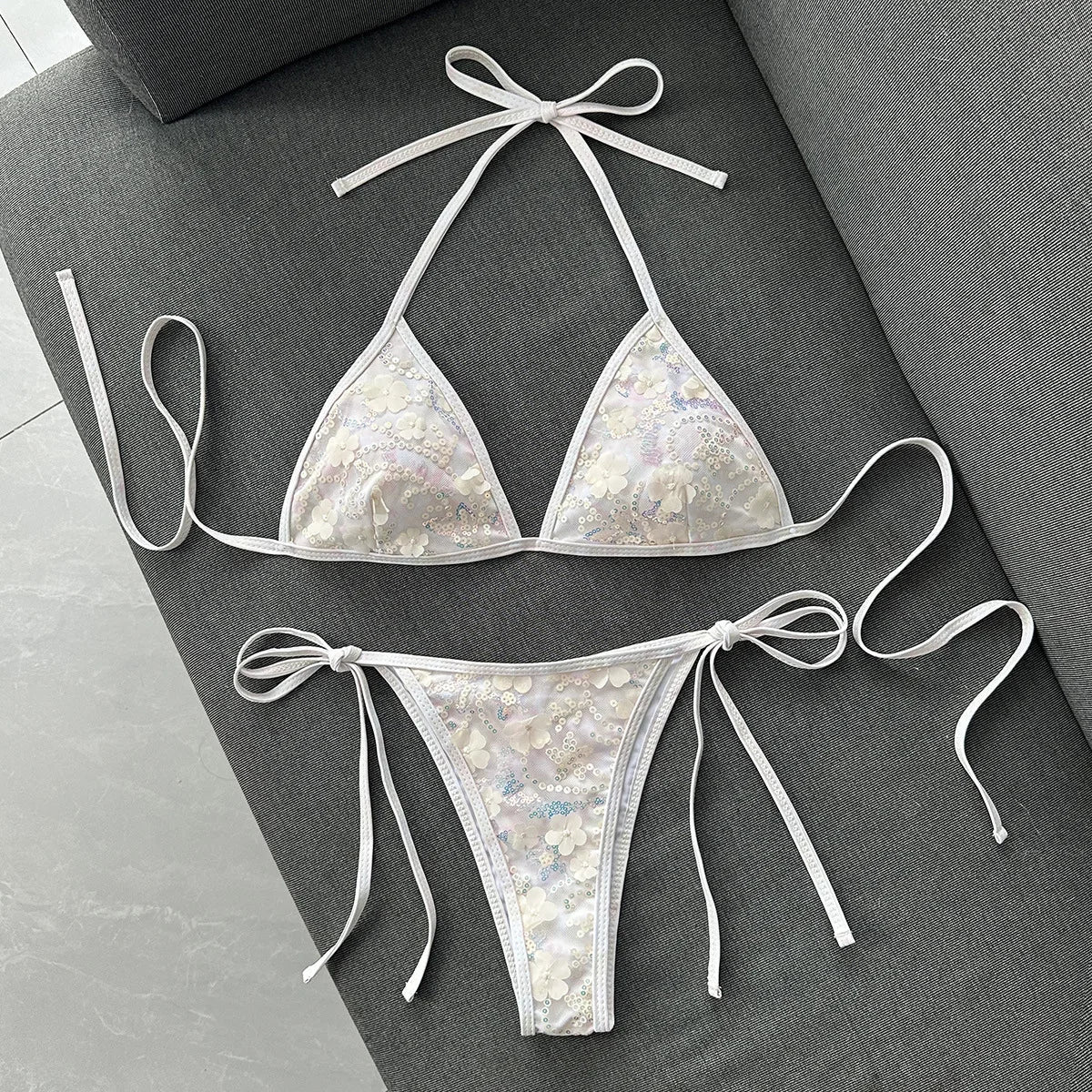 Mint Mesh Sequin Floral Embroidery 2 Piece Bikini Set