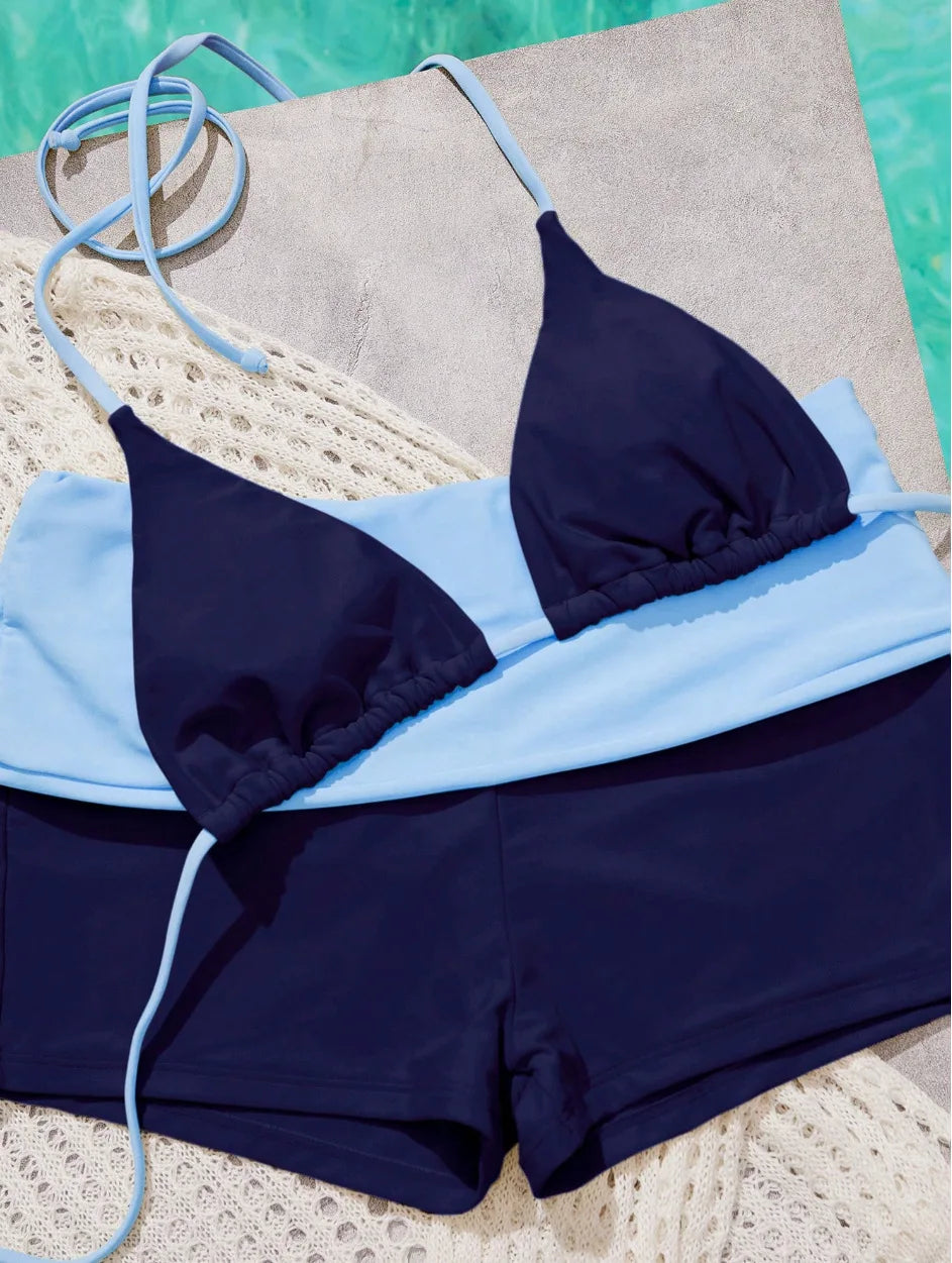 Navy Light Blue Color Block 2 Piece Swim Set