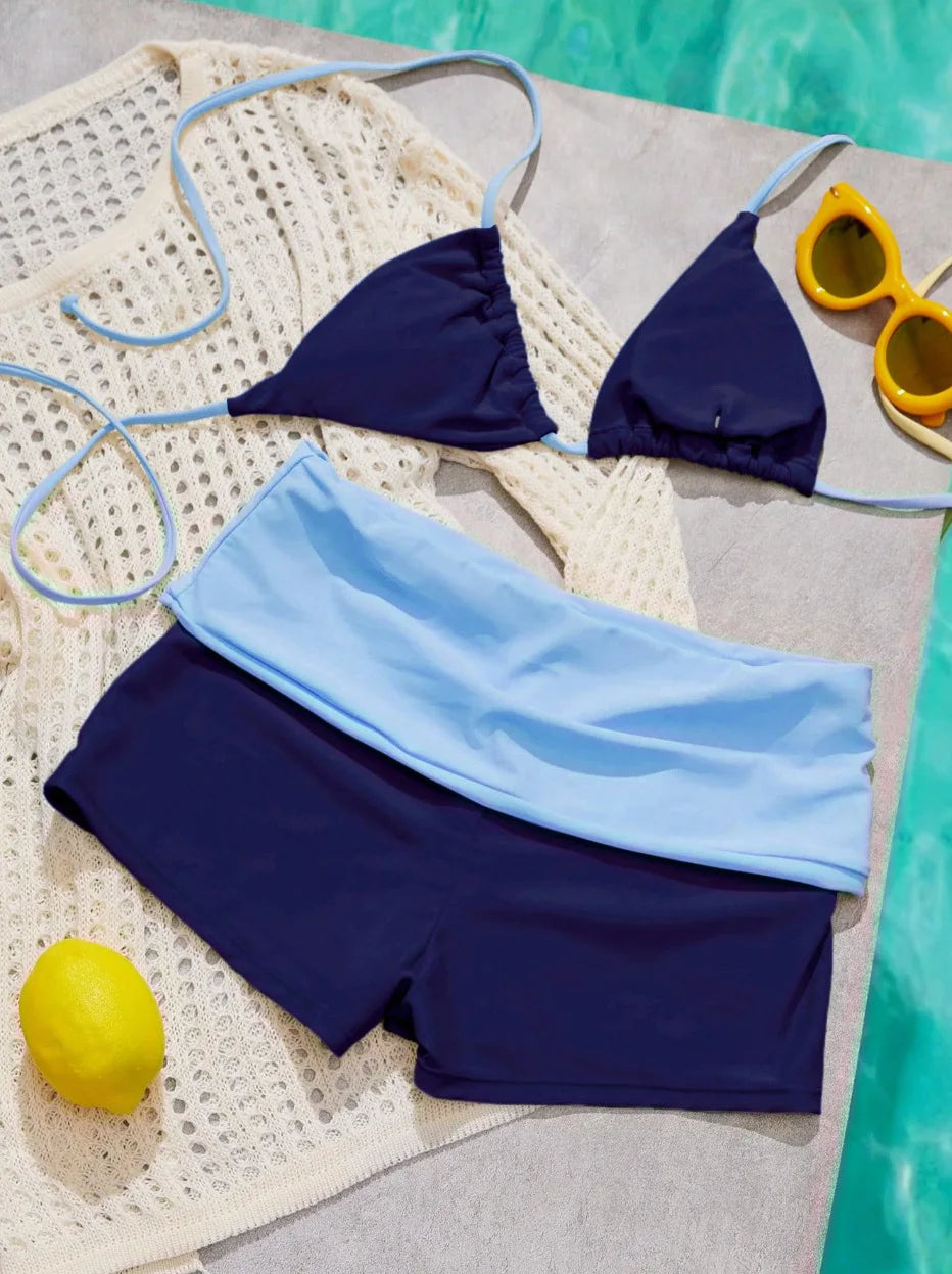 Navy Light Blue Color Block 2 Piece Swim Set