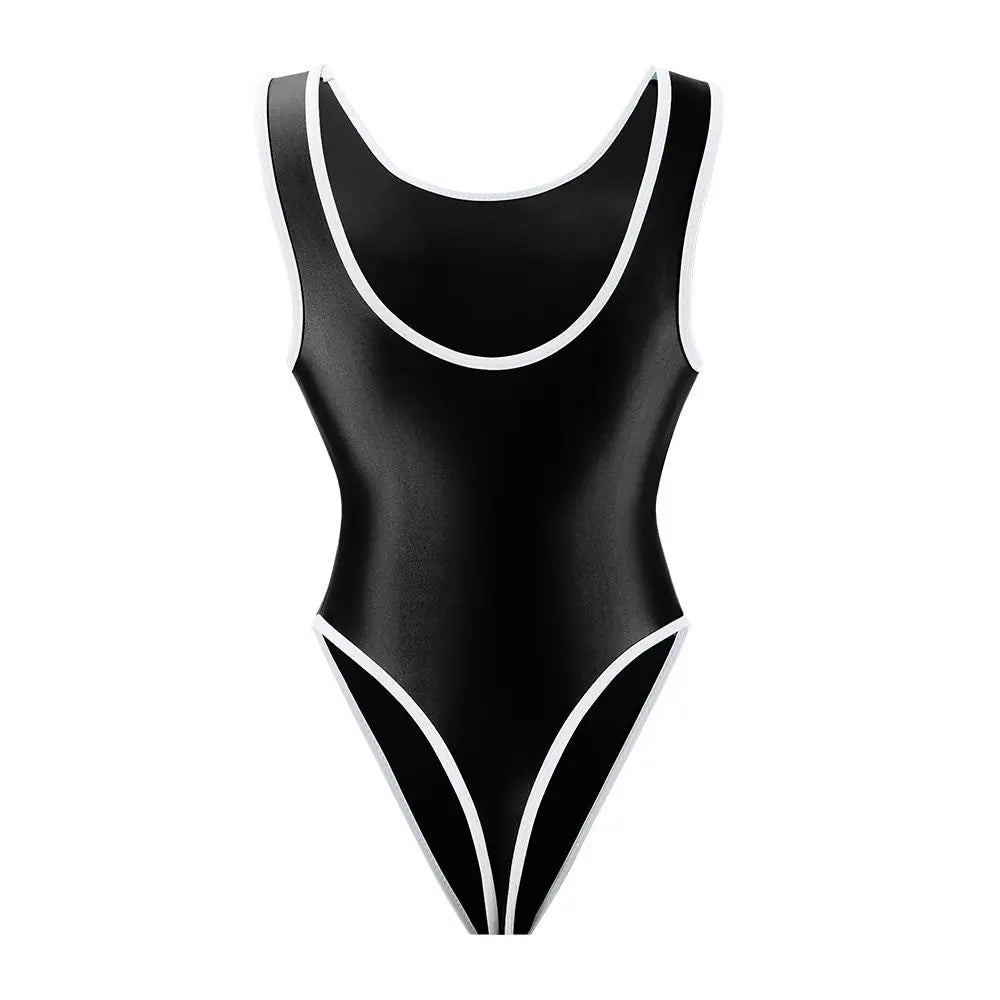 Oil Glossy Satin Elastic One-piece Competitive Racing Sleeveless T-shaped Swimwear High Cut Leotards Bodysuit Bathing Suit