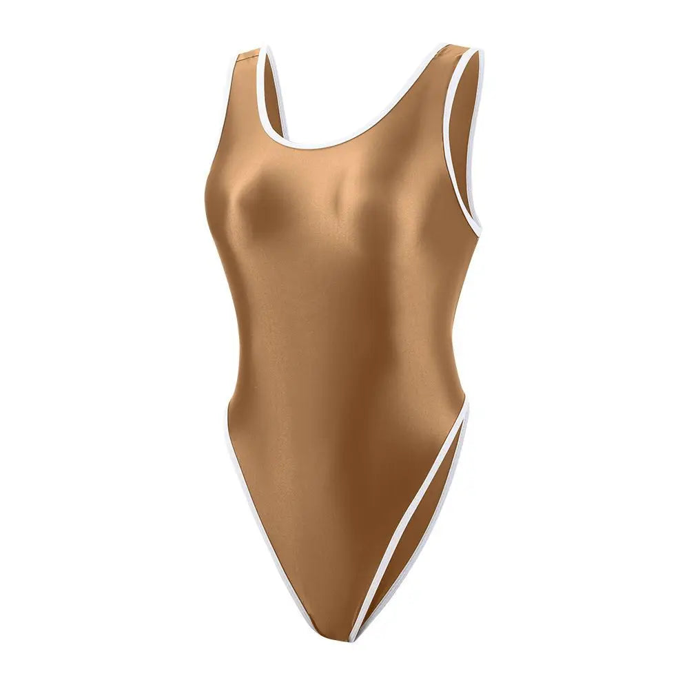 Oil Glossy Satin Elastic One-piece Competitive Racing Sleeveless T-shaped Swimwear High Cut Leotards Bodysuit Bathing Suit