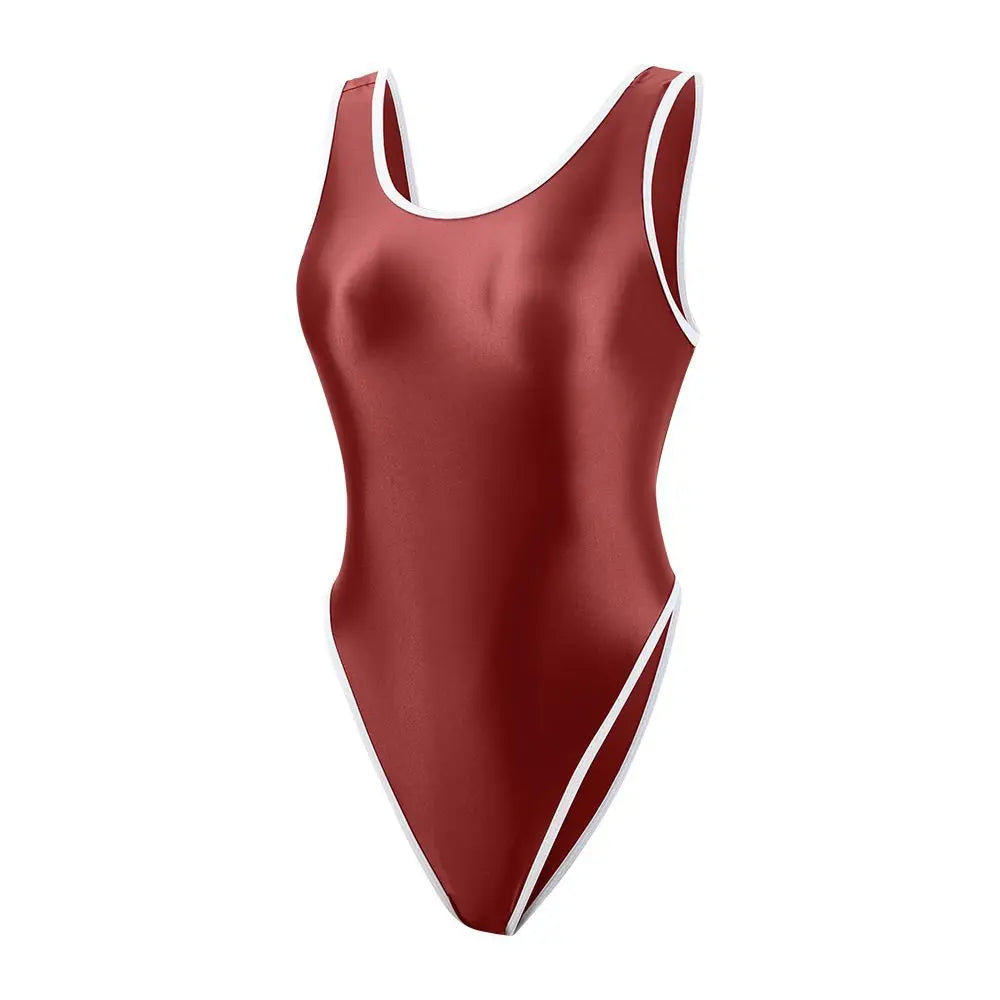 Oil Glossy Satin Elastic One-piece Competitive Racing Sleeveless T-shaped Swimwear High Cut Leotards Bodysuit Bathing Suit
