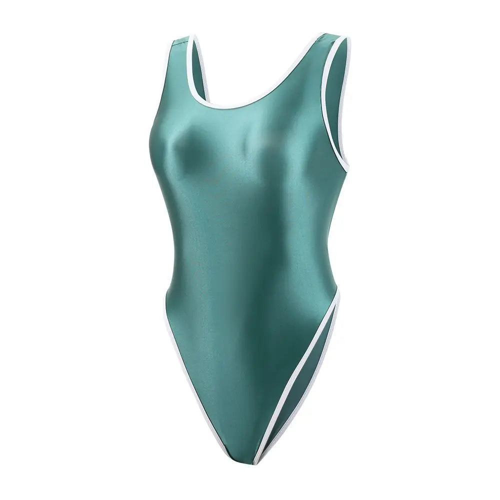 Oil Glossy Satin Elastic One-piece Competitive Racing Sleeveless T-shaped Swimwear High Cut Leotards Bodysuit Bathing Suit