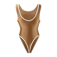 Oil Glossy Satin Elastic One-piece Competitive Racing Sleeveless T-shaped Swimwear High Cut Leotards Bodysuit Bathing Suit