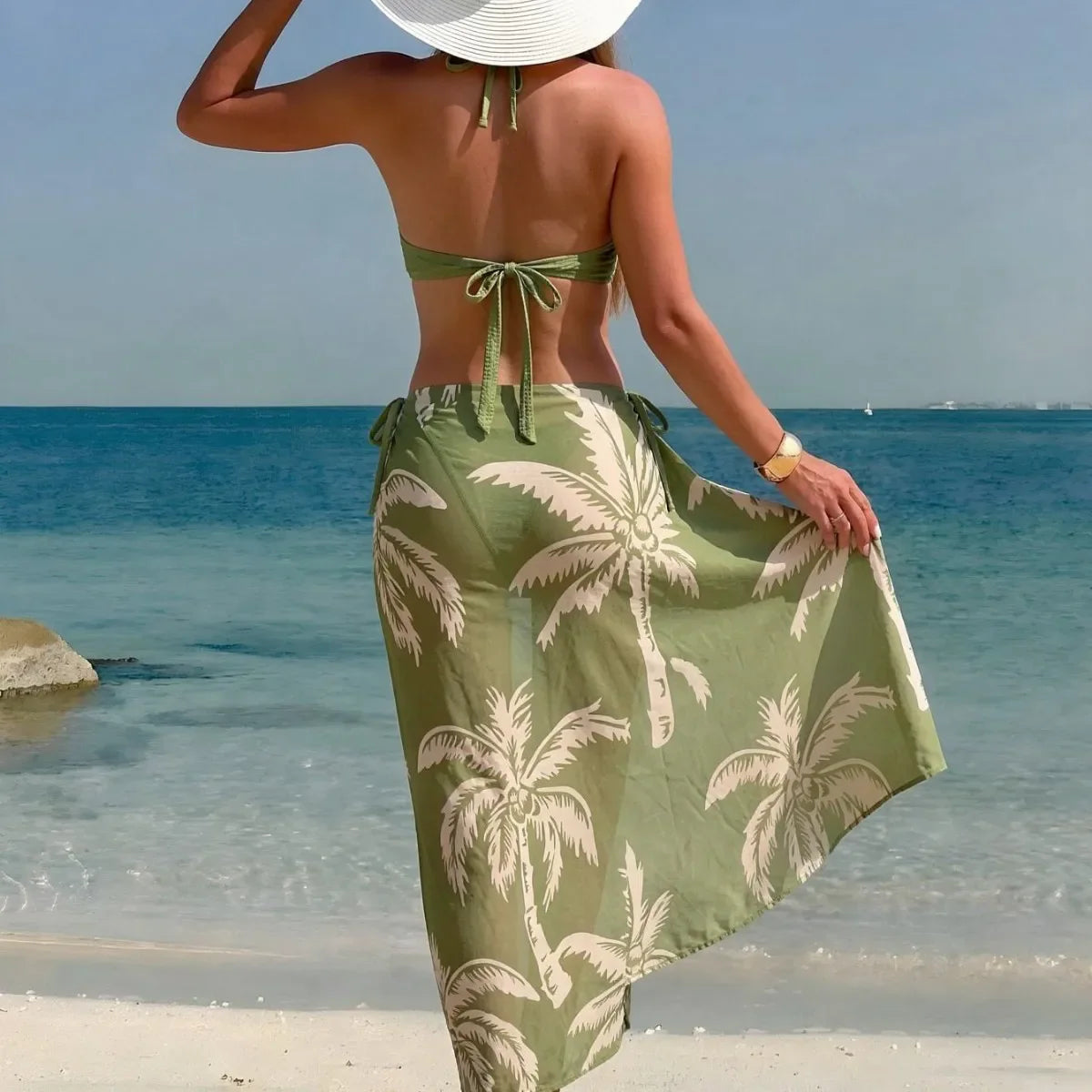 Olive Green Textured Halter Bikini Set