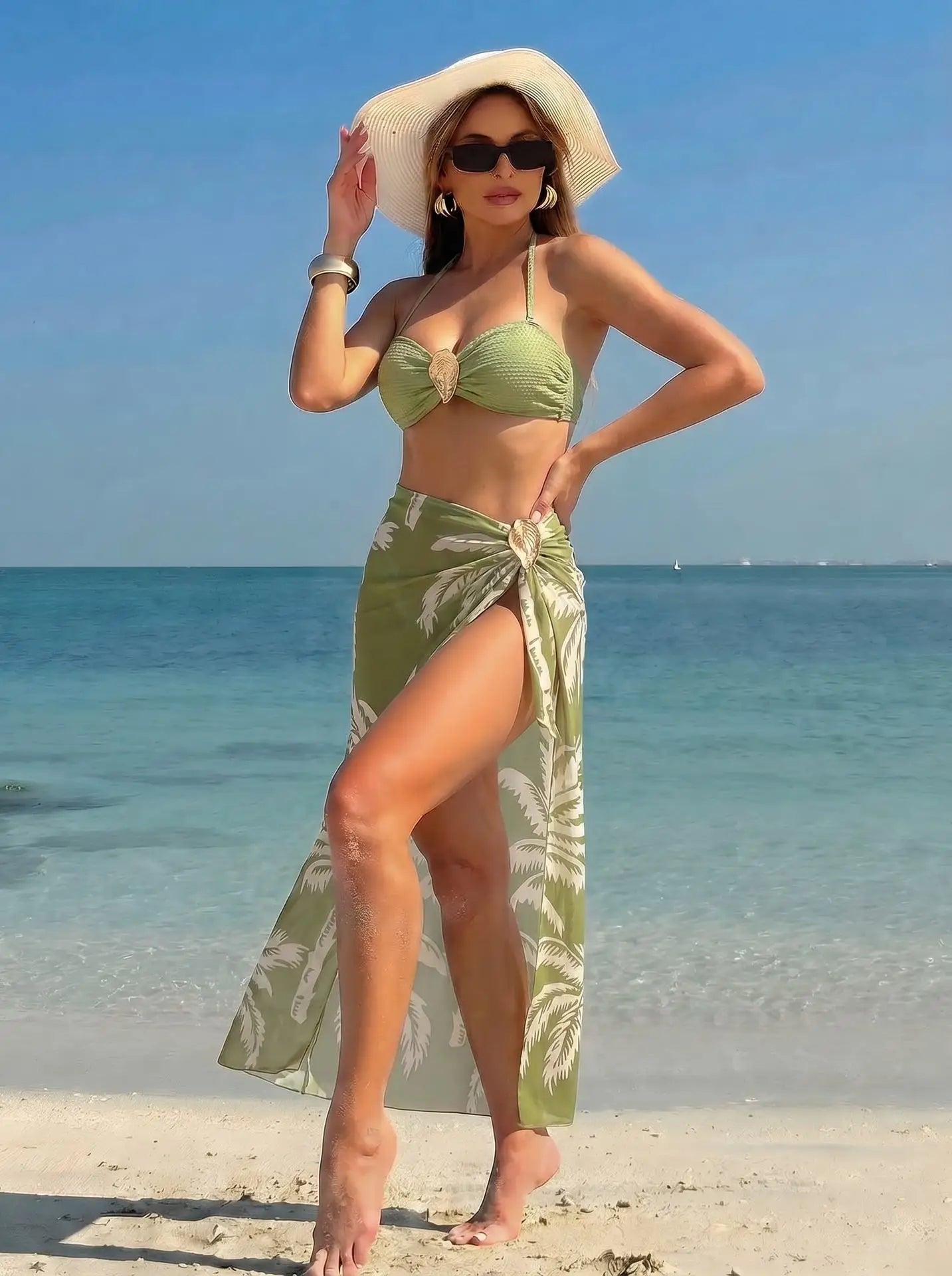 Olive Green Textured Halter Bikini Set