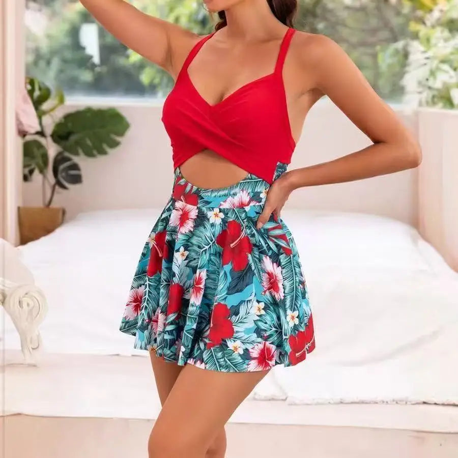 One-Piece Suits Swim Dress One Piece Bathing Suit Cross Front Cutout Flared Skirt Spaghetti Straps Pool Vacation Swimwear