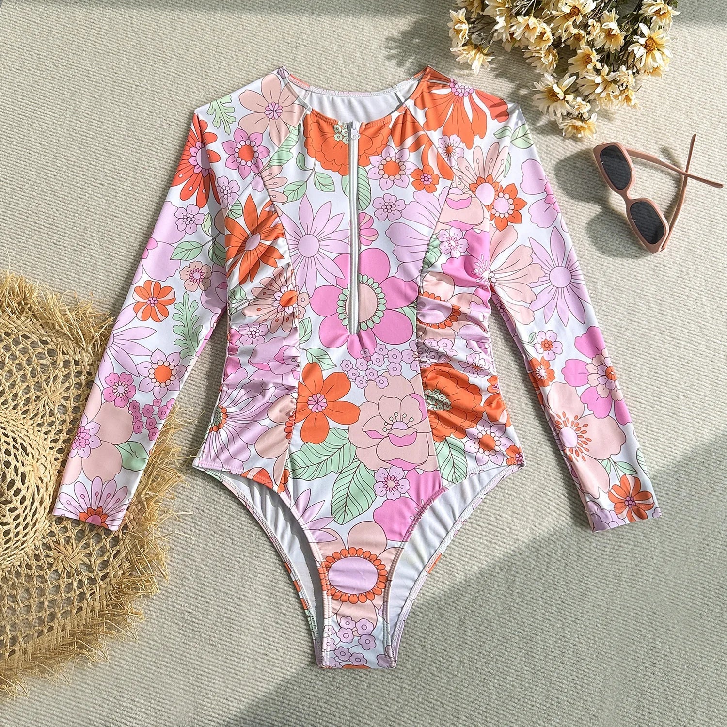 Pink Floral Print Long Sleeve One Piece Swimsuit with Front Zipper and Sun Protection