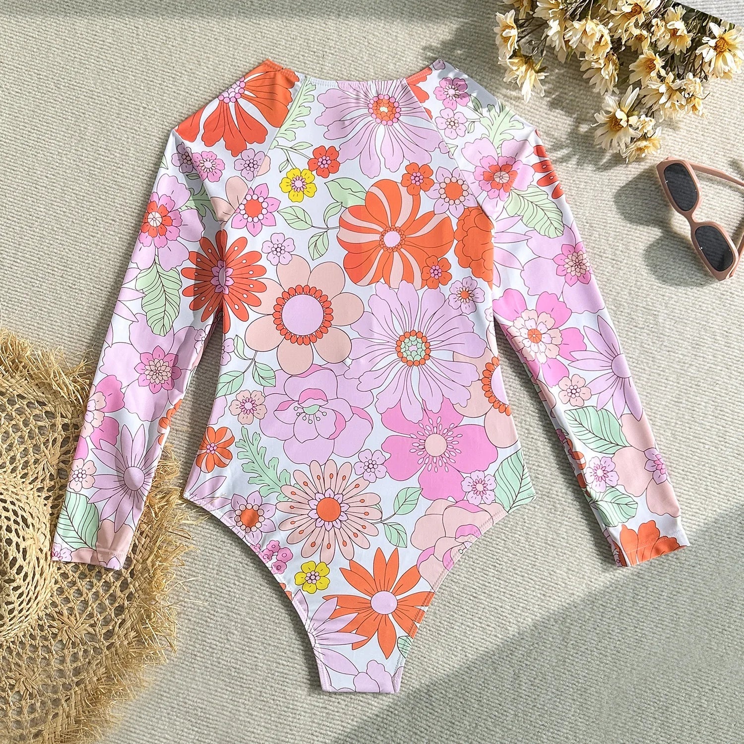 Pink Floral Print Long Sleeve One Piece Swimsuit with Front Zipper and Sun Protection
