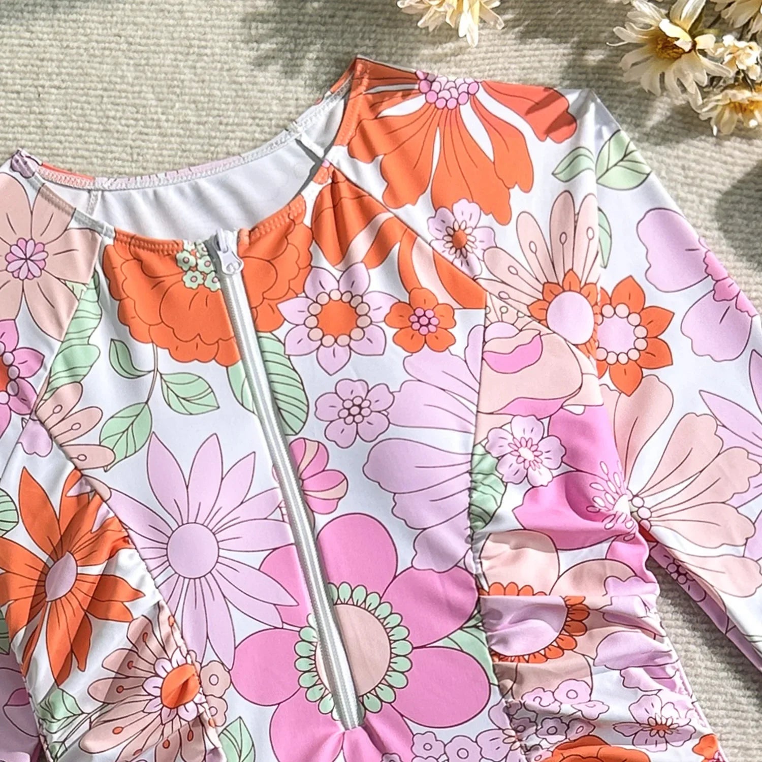 Pink Floral Print Long Sleeve One Piece Swimsuit with Front Zipper and Sun Protection