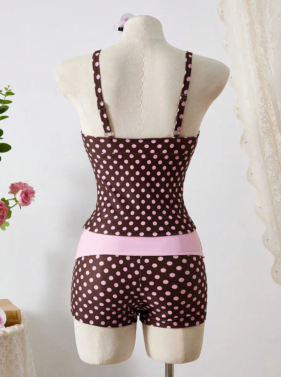 Pink Polka Dot 2 Piece Tankini Bikinis Set