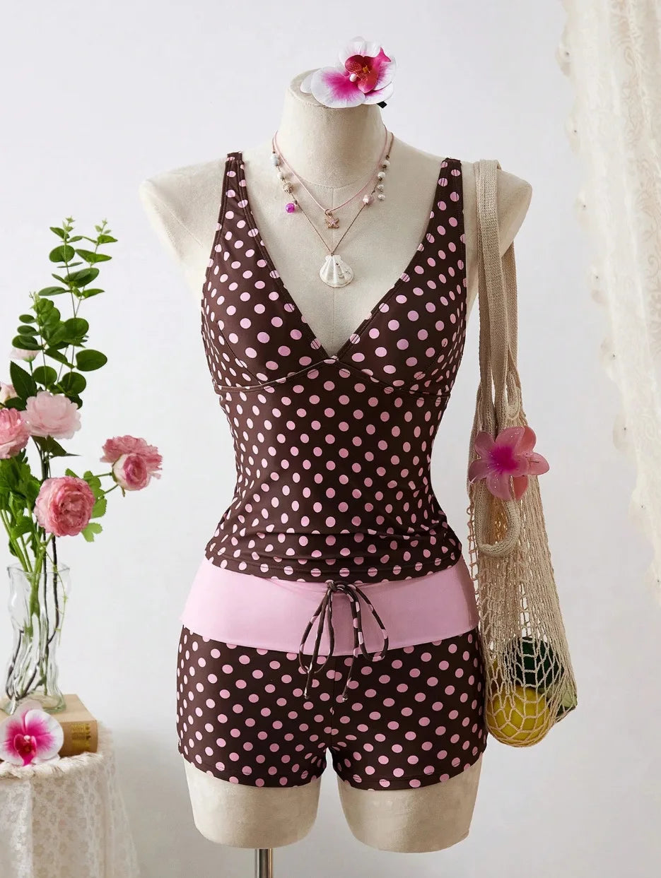 Pink Polka Dot 2 Piece Tankini Bikinis Set