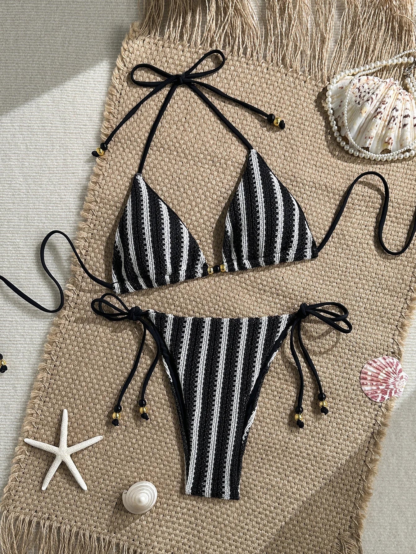 Pink White Striped Crochet 2 Piece Bikini Set