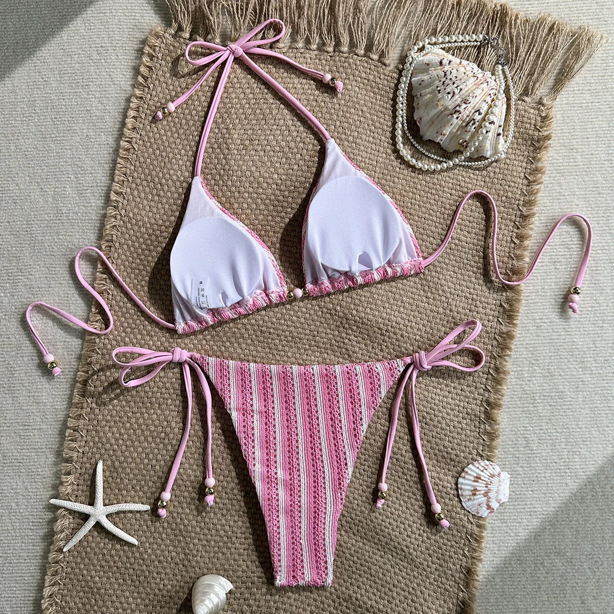 Pink White Striped Crochet 2 Piece Bikini Set