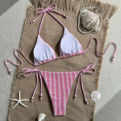 Pink White Striped Crochet 2 Piece Bikini Set