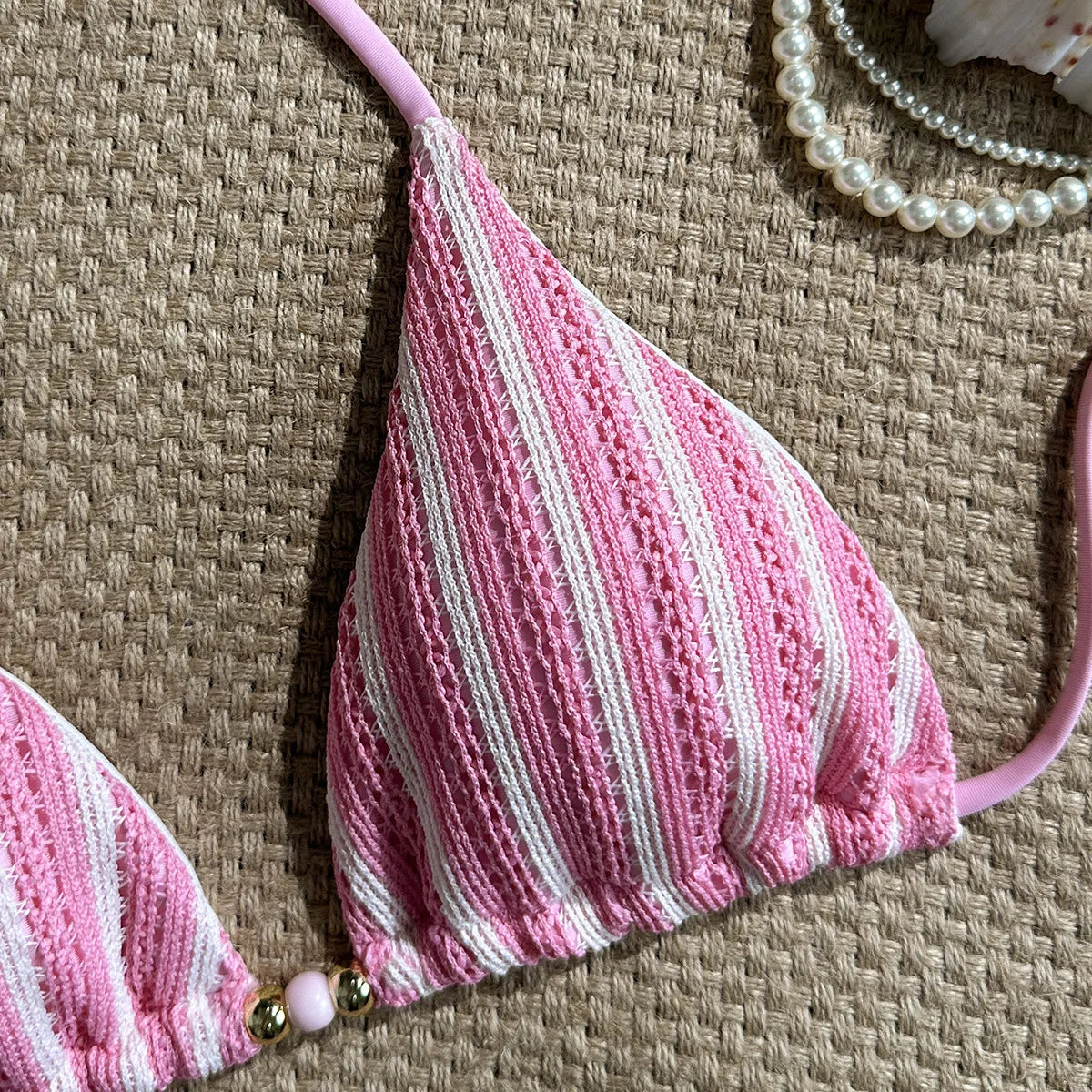 Pink White Striped Crochet 2 Piece Bikini Set