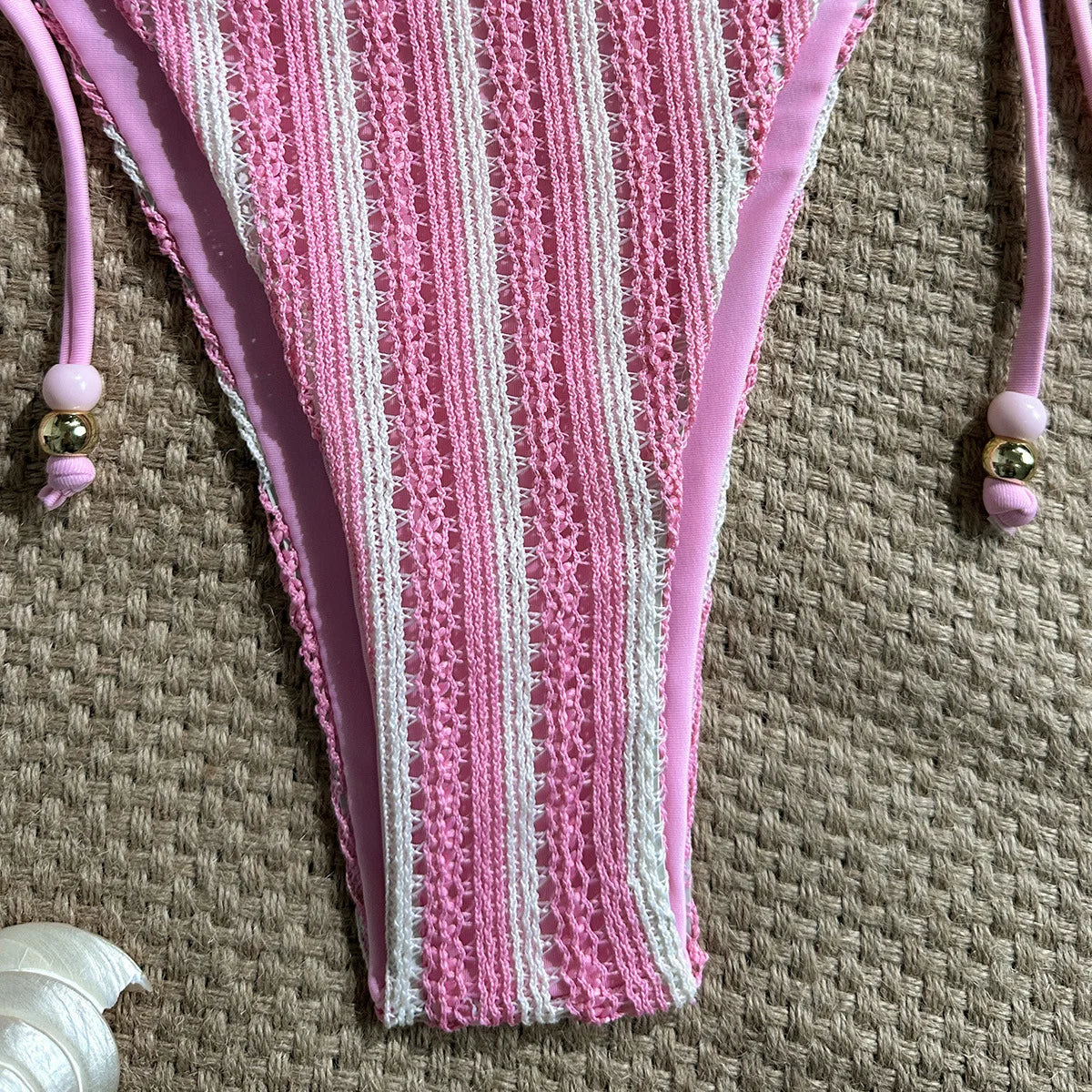 Pink White Striped Crochet 2 Piece Bikini Set