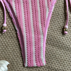 Pink White Striped Crochet 2 Piece Bikini Set