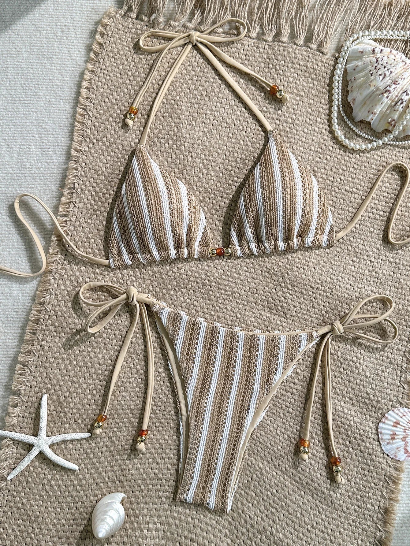 Pink White Striped Crochet 2 Piece Bikini Set