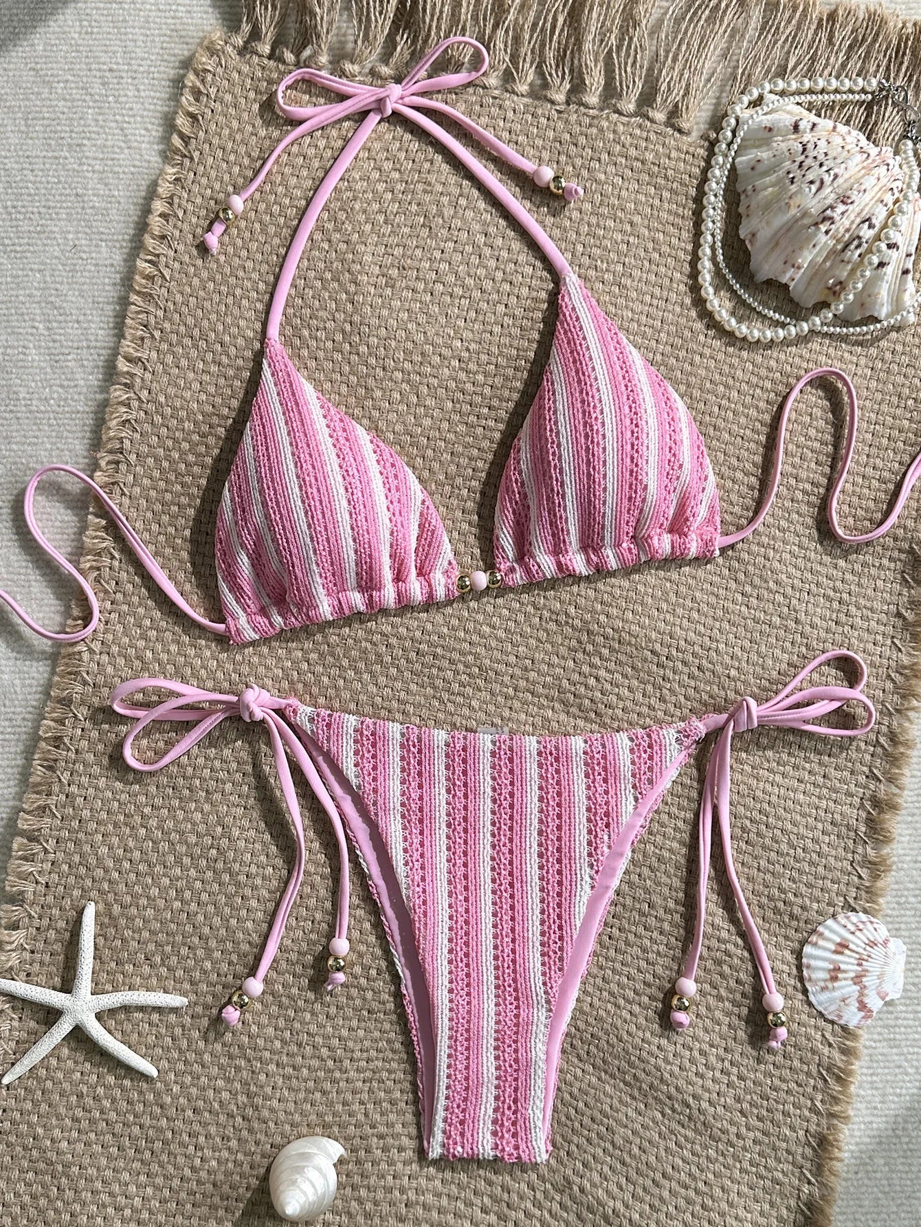 Pink White Striped Crochet 2 Piece Bikini Set