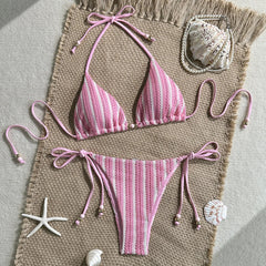 Pink White Striped Crochet 2 Piece Bikini Set