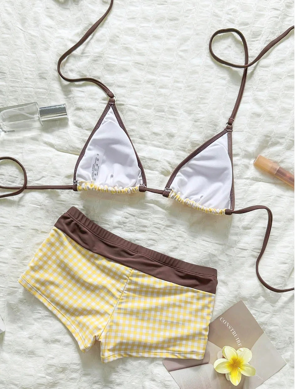 Plaid Two Piece Swimsuit Bathing Suit Print Chocolate Binding Edge Halter String Bikini Boyshort Pool Swimwear Bikinis Set