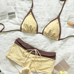 Plaid Two Piece Swimsuit Bathing Suit Print Chocolate Binding Edge Halter String Bikini Boyshort Pool Swimwear Bikinis Set