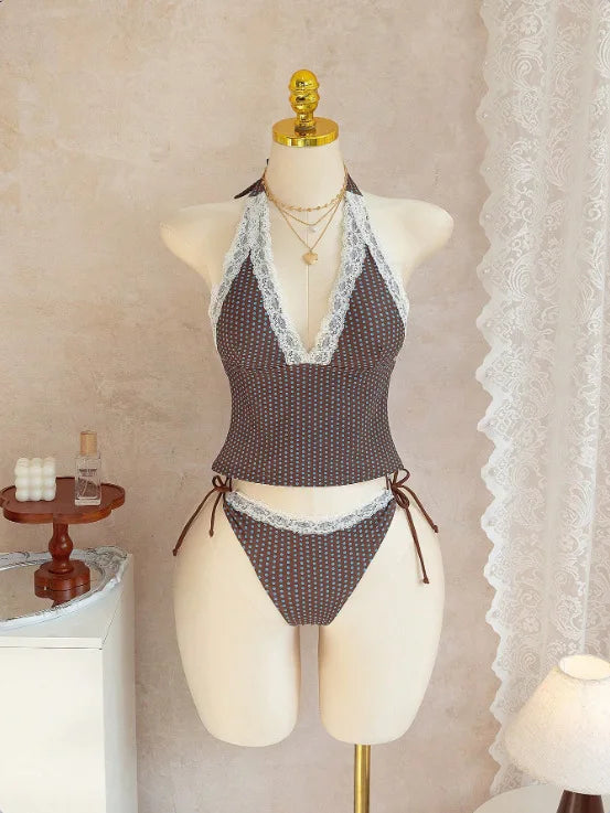 Polka Dot Lace Trim 2 Piece Swimsuits Tankini Set