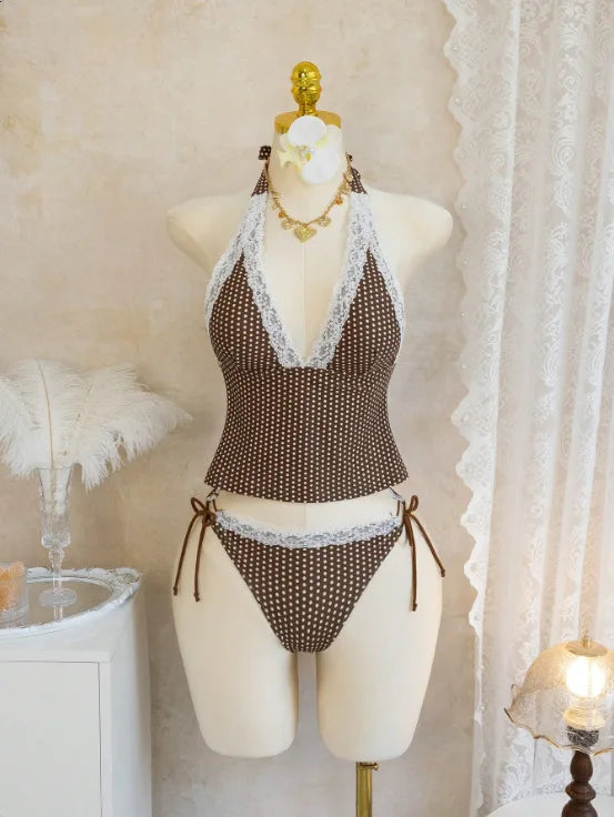Polka Dot Lace Trim 2 Piece Swimsuits Tankini Set