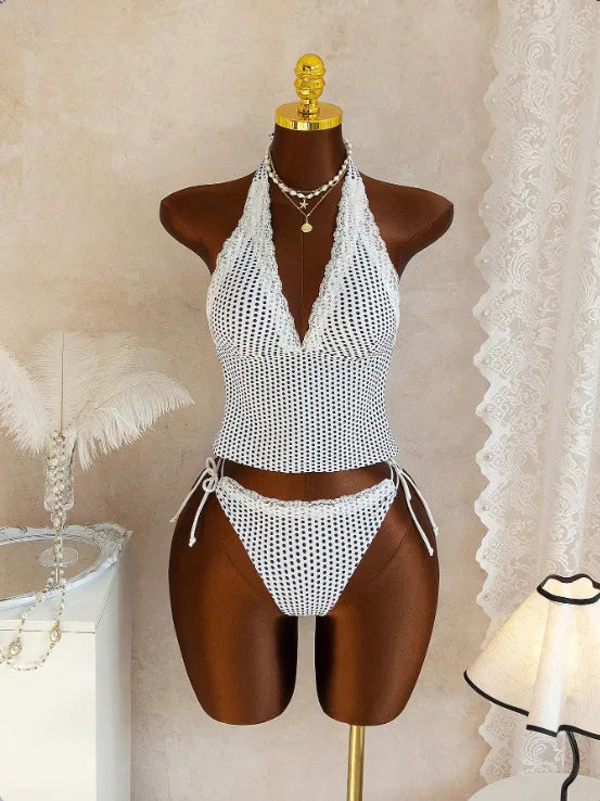 Polka Dot Lace Trim 2 Piece Swimsuits Tankini Set