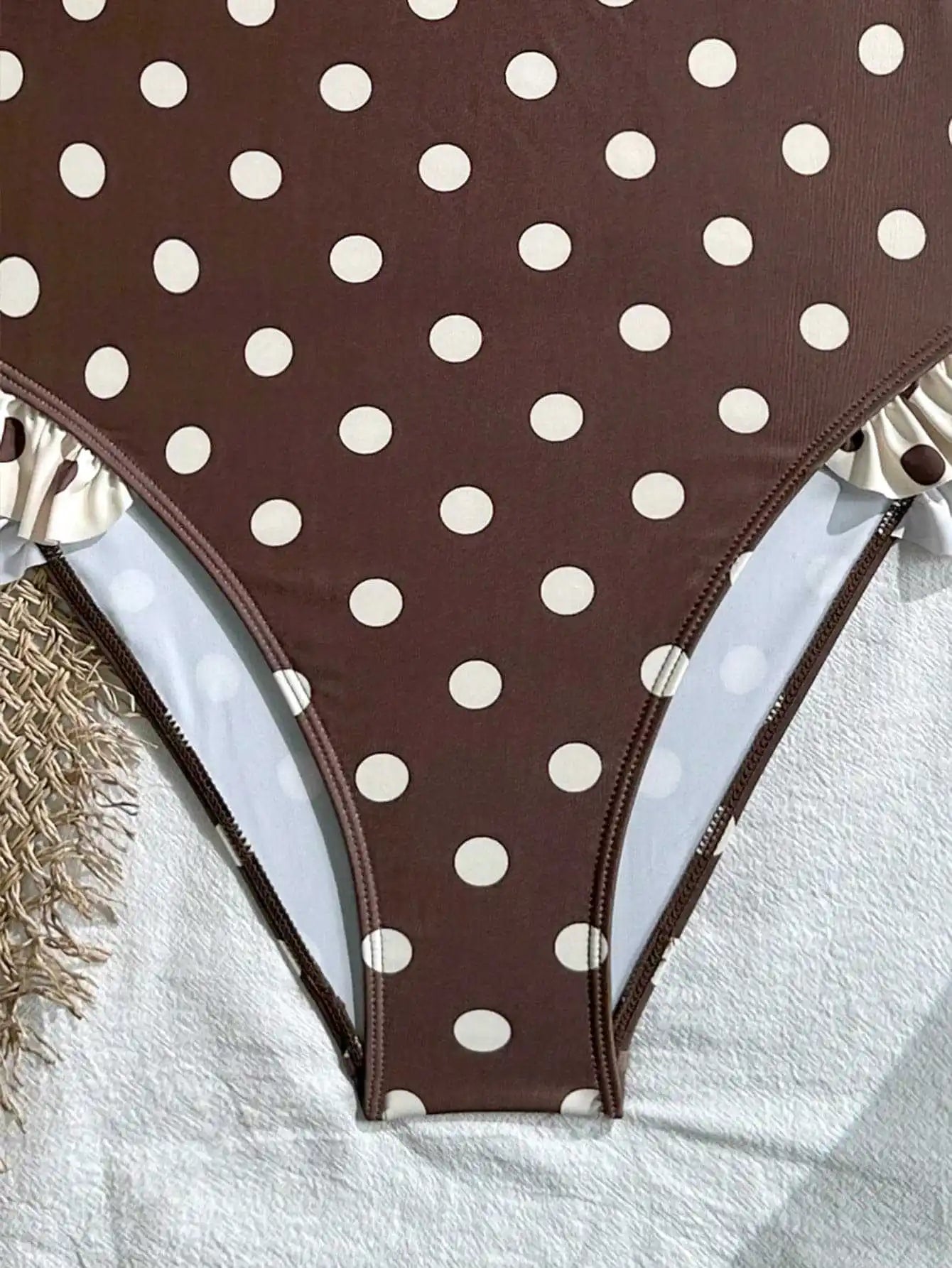 Polka Dot One Piece Suits Swimsuit Cream Contrast Trim V Notch Neck Ruffle Frill Hem Spaghetti Strap High Cut Bodysuit