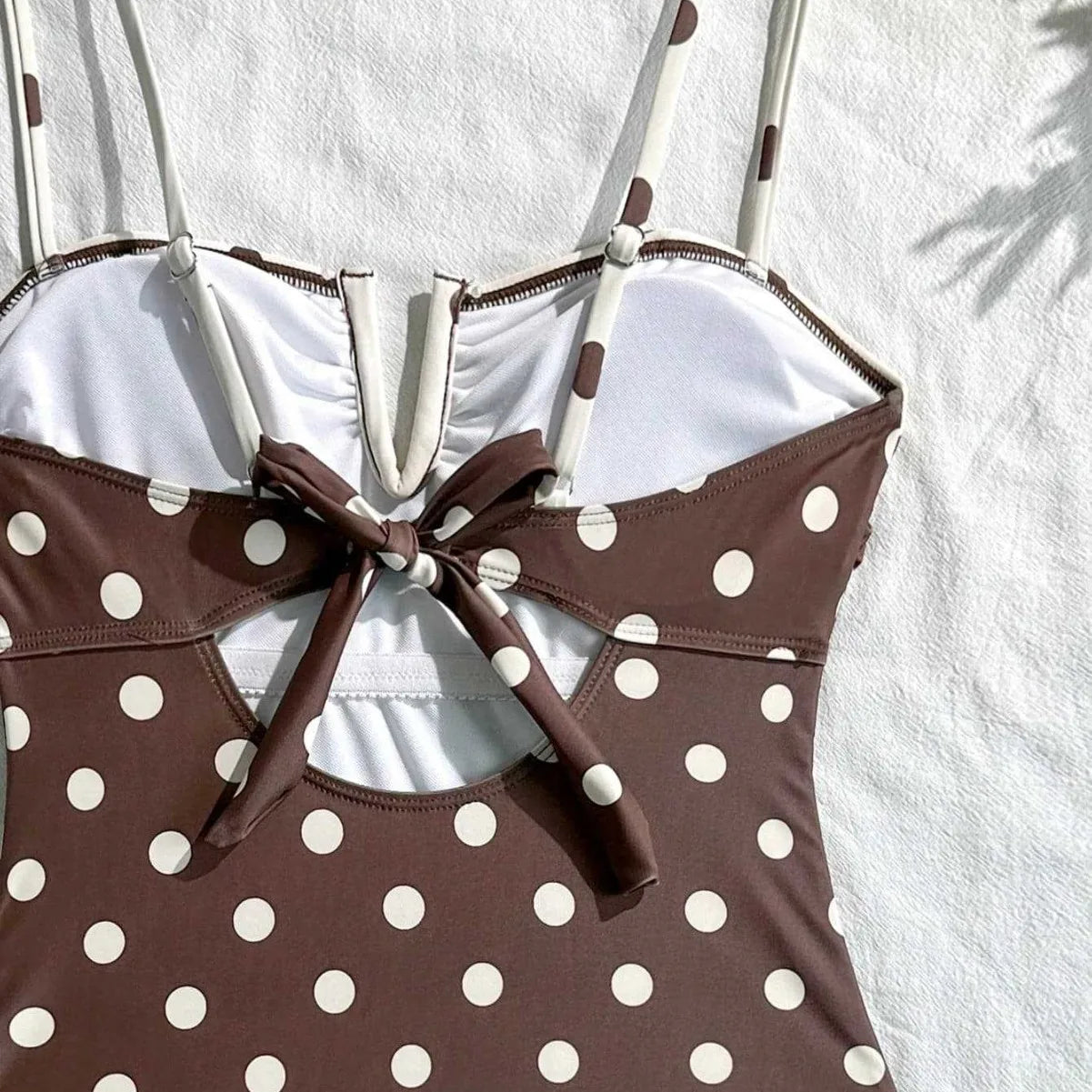Polka Dot One Piece Suits Swimsuit Cream Contrast Trim V Notch Neck Ruffle Frill Hem Spaghetti Strap High Cut Bodysuit