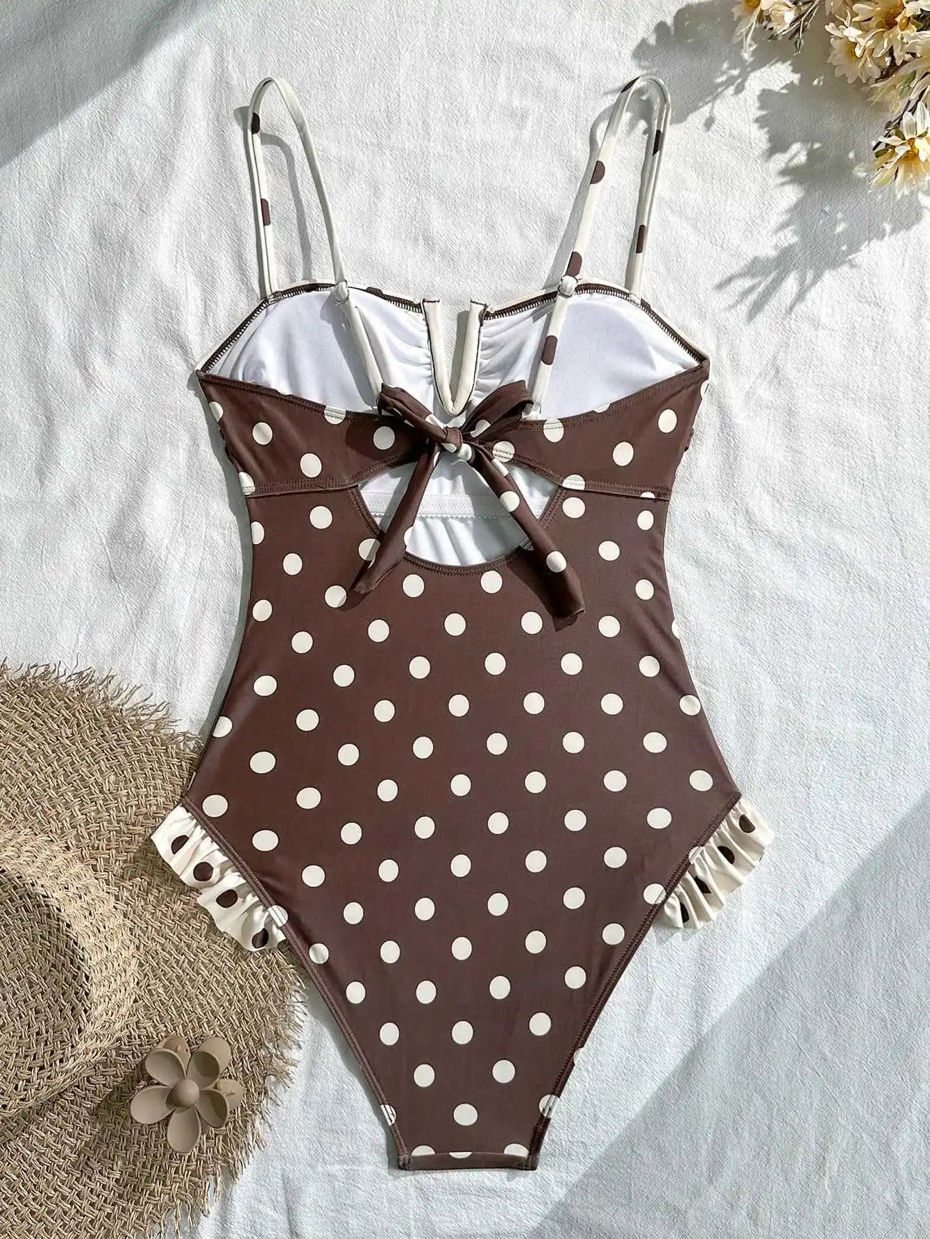 Polka Dot One Piece Suits Swimsuit Cream Contrast Trim V Notch Neck Ruffle Frill Hem Spaghetti Strap High Cut Bodysuit