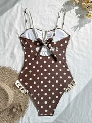 Polka Dot One Piece Suits Swimsuit Cream Contrast Trim V Notch Neck Ruffle Frill Hem Spaghetti Strap High Cut Bodysuit