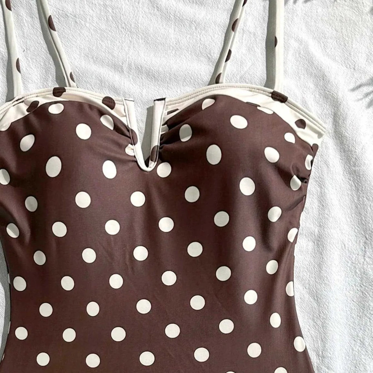 Polka Dot One Piece Suits Swimsuit Cream Contrast Trim V Notch Neck Ruffle Frill Hem Spaghetti Strap High Cut Bodysuit