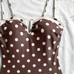 Polka Dot One Piece Suits Swimsuit Cream Contrast Trim V Notch Neck Ruffle Frill Hem Spaghetti Strap High Cut Bodysuit