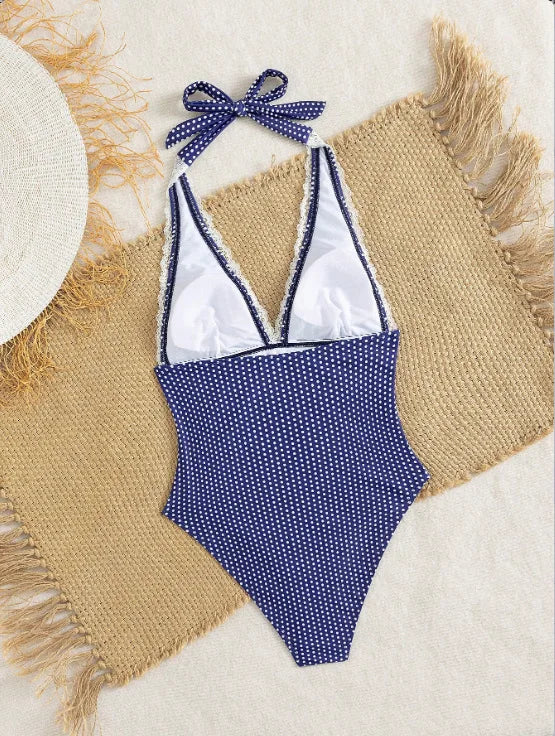 Polka Dot One Piece Suits Swimsuit White Lace Trim Deep V Halter Tie Back High Cut Cheeky Beach Swimwear